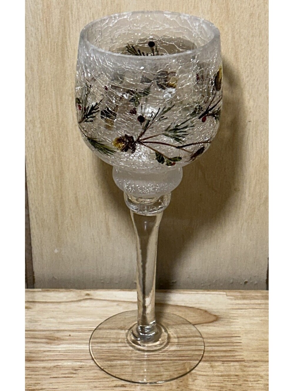 Vintage Yankee Candle Frosted Crackle Glass Candle Holder Pinecones & Berry 00’s